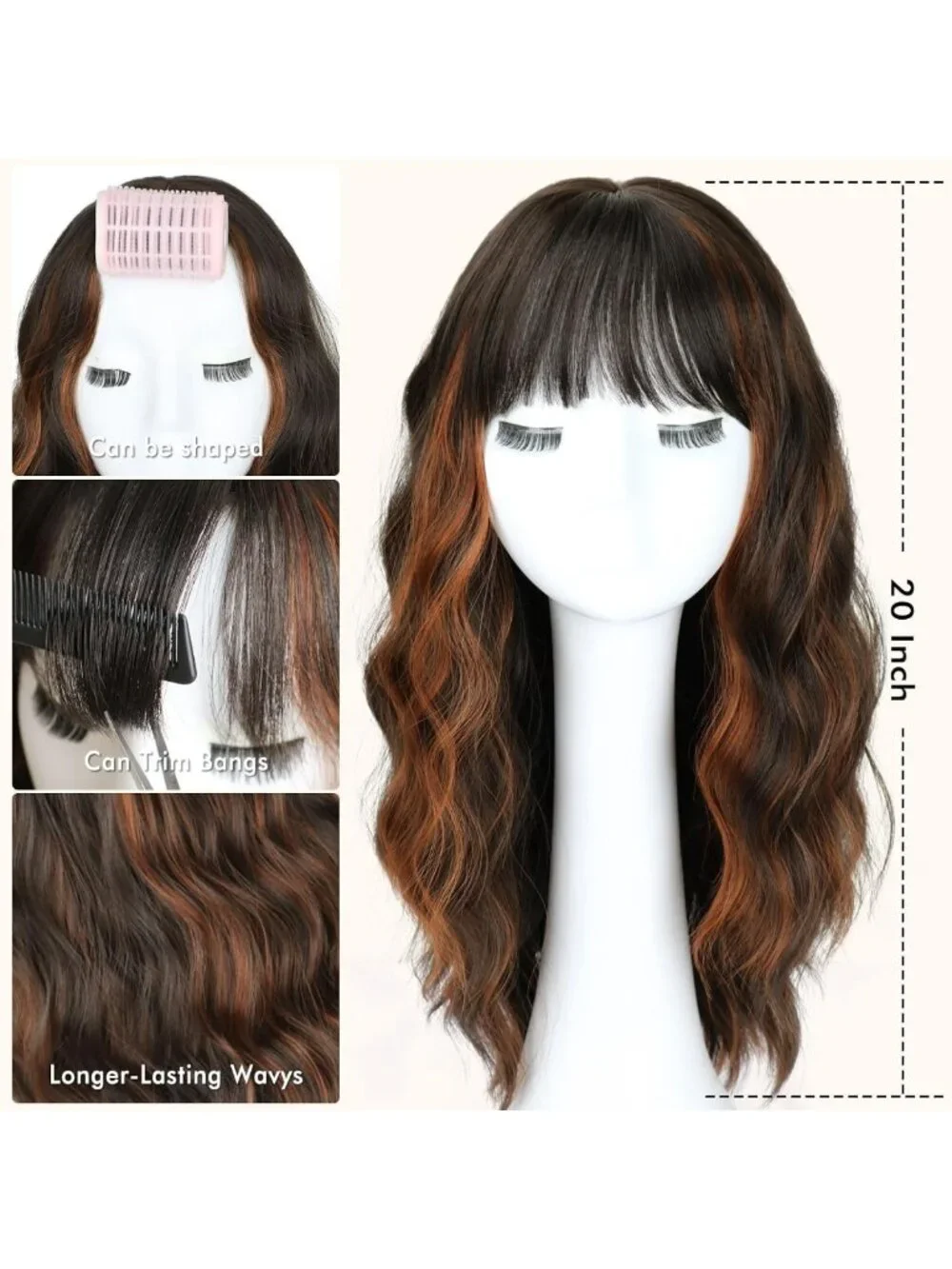 20-Inch Medium Long Wavy Wig with Bangs - Natural Curly Hair for Women